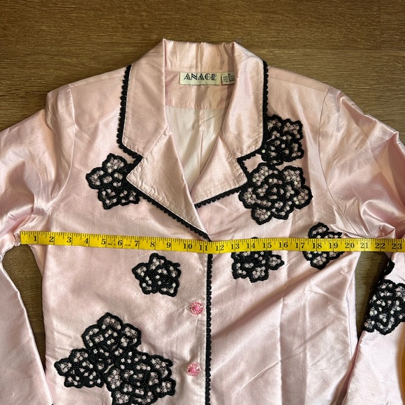 Anage Vintage 100% Silk Pink Floral Embroidered Blazer with Lace & Sequin Size M - Picture 7 of 9